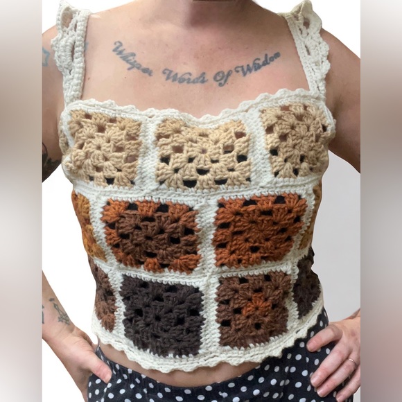 New! Handmade Crochet Ombré Browns Granny Square Top • Large - Picture 2 of 4